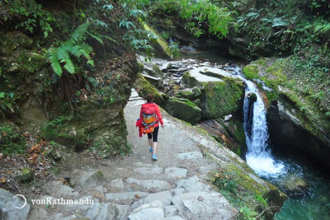 Walk along streams and several waterfalls on the trek