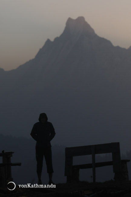 Crisp mountain mornings can be chilly but the sight of the peaks, seen here Machhapuchare or Fishtail, is one to behold