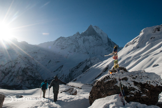 Trekkers make their way to a viewpoint near ABC