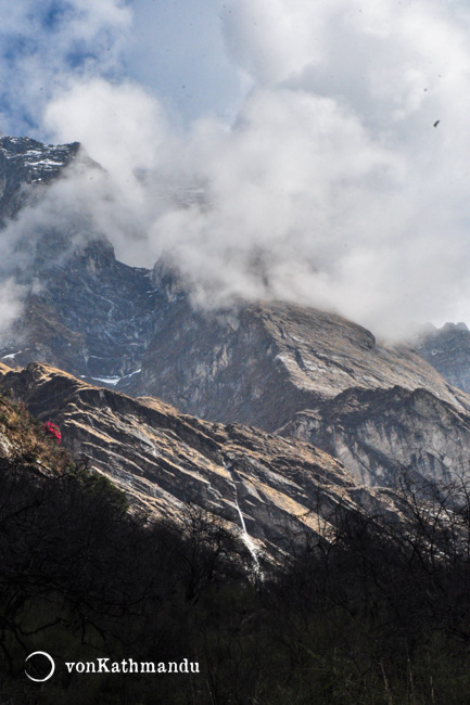 Countless waterfalls gushing down from high massifs of Hiuchuli and Machhapuchare are a sight to behold