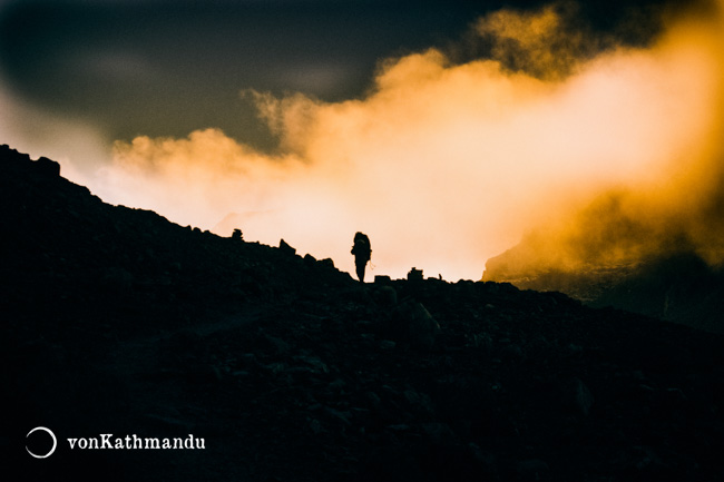 Crossing Thorung La early in the morning