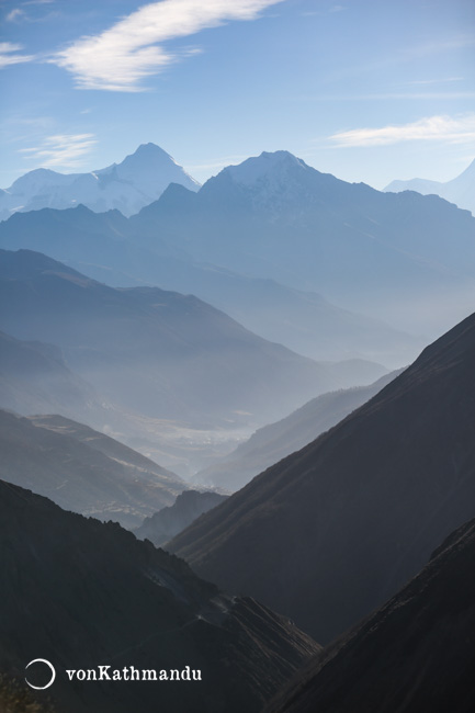 Cascading hills of Manang valley converge into Dhaulagiri mountain, the seventh highest in the world