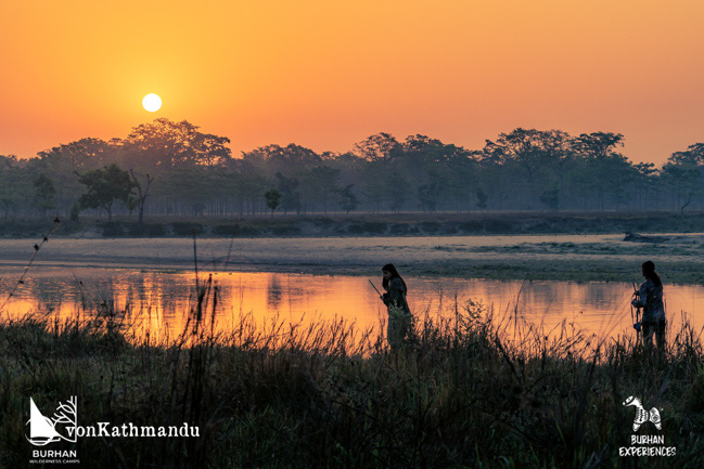 Early morning wildlife tracking in the river banks with a naturalist