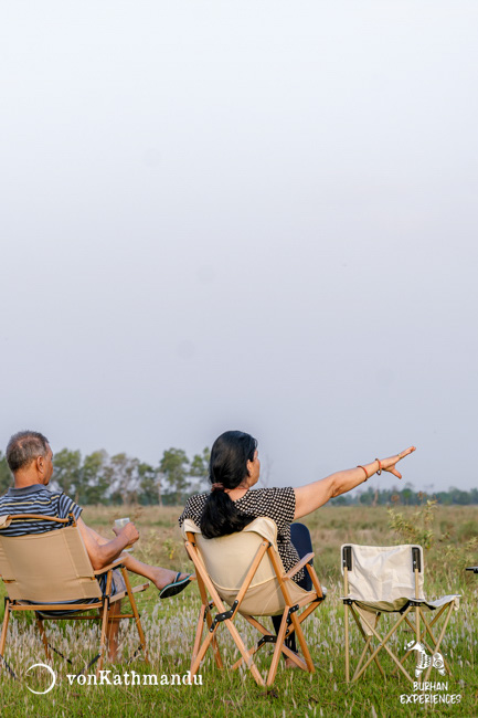 Tousists relaxing and enjoying nature over morning coffee in Burhan wilderness camps.