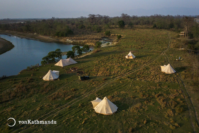 Ariel view of Burhan Wilderness Camp, a secluded retreat between two river channels of Karnali in Bardia