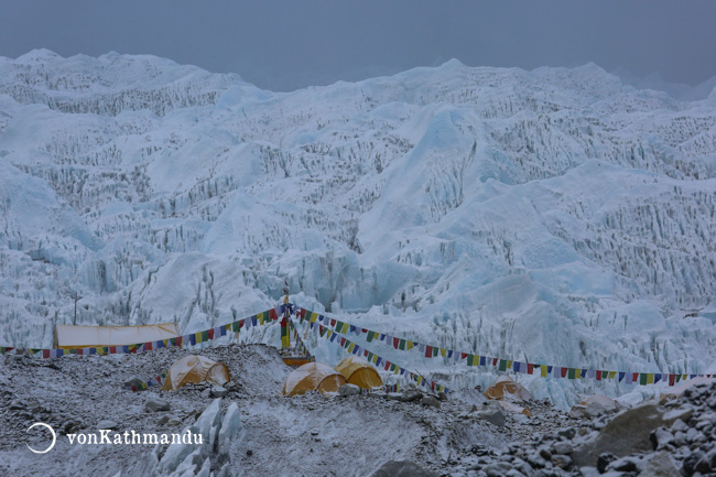 Camps set up by mountaineers in Everest Base Camp next to Khumbu glacier