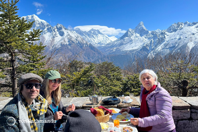 Breakfast at Hotel Everest View with the Everest mountains on the backdrop