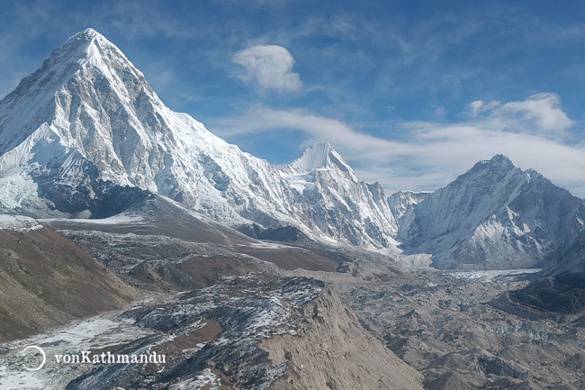 Pumori (left) and debris covered Khumbu glacier (right) on the way to Everest Base Camp