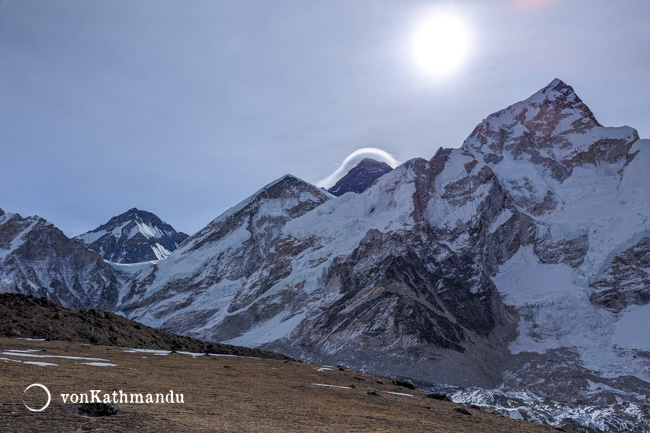 The glorious view from Kalapathhar. Mt. Everest is seen encircled by a halo