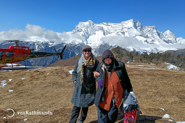 Heading to Hotel Everest View for breakfast from the helipad