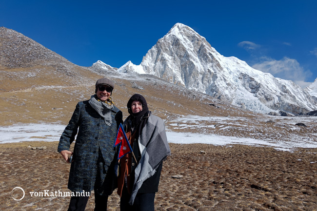 The Pumori massif stands tall, visible from the Kalapathhar landing point at 5400 meters