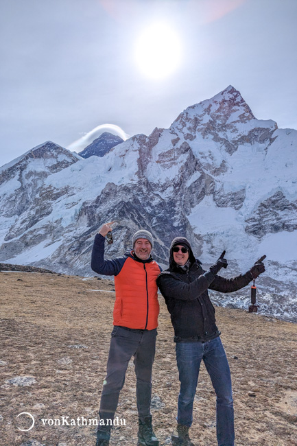 Things we do on the Kalapathhar landing point. Everest and Nuptse on the back.