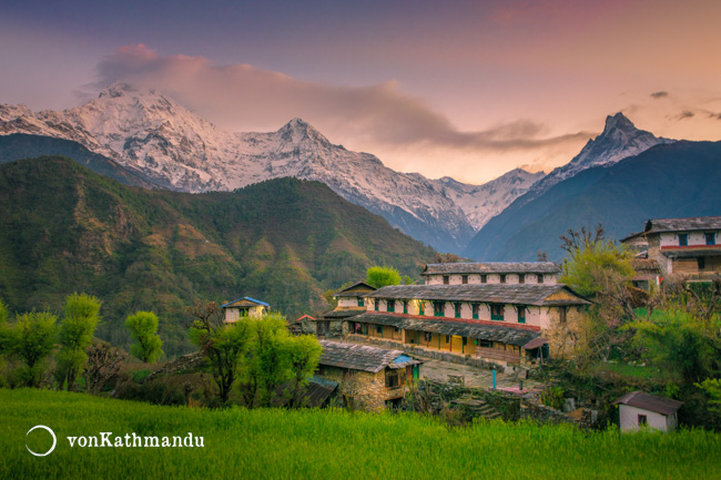 A traditional Gurung village and Annapurna mountains seen at Ghandruk