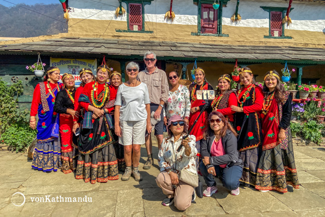 Trekkers with women clad in Grurung dress