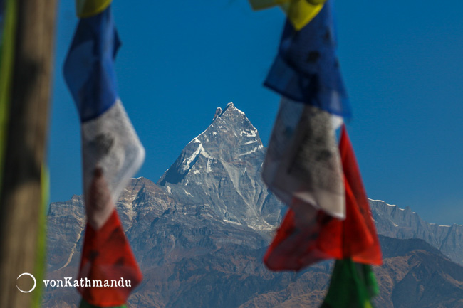 Fishtail between prayer flags