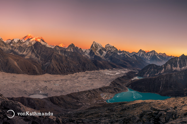 Gokyo Lakes, Khumbu mountain range and Ngozumpa , the longest glacier in Nepal, seen from Gokyo Ri