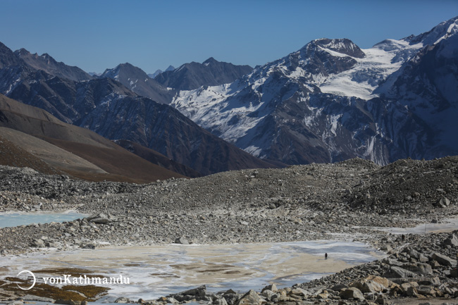 Walking on a frozen lake near Larke Pass