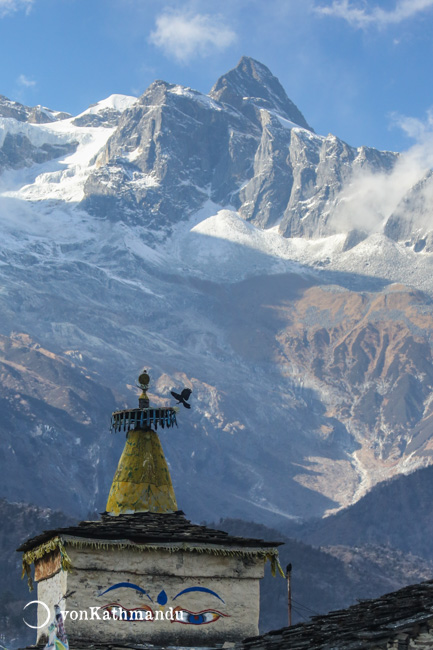 Eyes of Buddha on a chhorten in Samagaon, one of the largest villages in Manaslu region