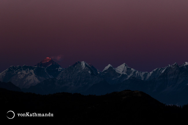 Last rays of sun on Everest seen from Pikey Peak