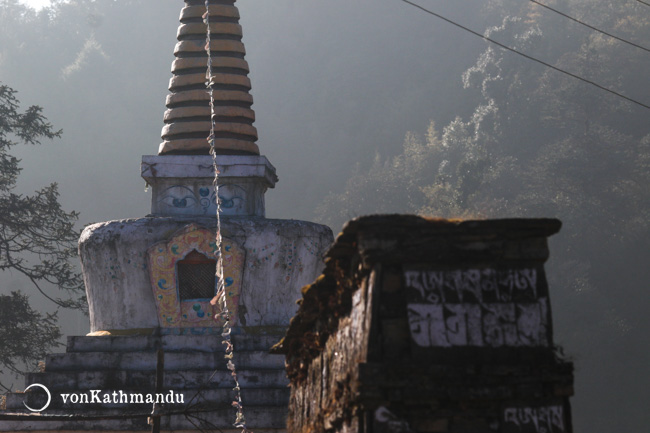 Buddhist Chorten and Mani Wall, with prayers incribed