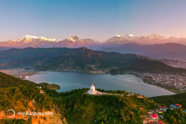 Phewa Lake, sandwiched between Annapurna Range and Peace Pagoda in Pokhara