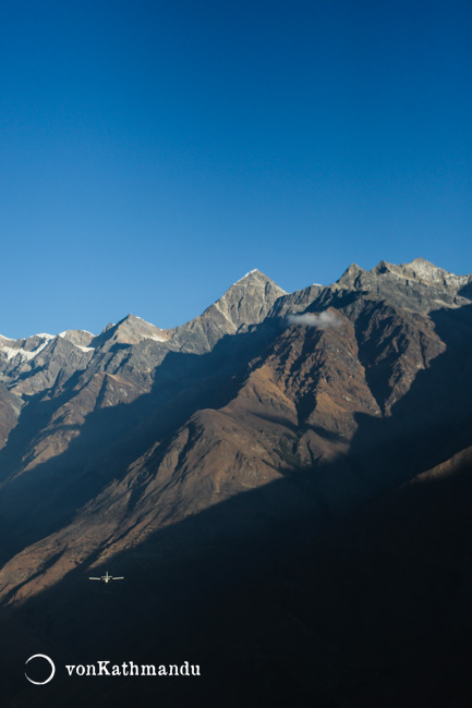 An airplane approaches Juphal Airport in Dolpo