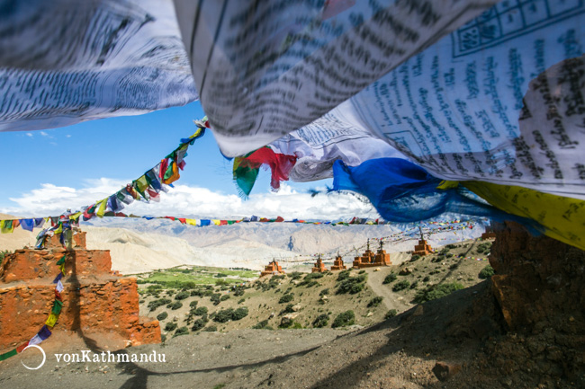 Chhortens and prayer flags, called Lungtas, near Ghar Gompa