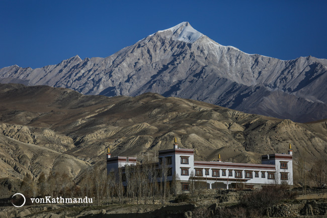 Monastery in Namgyal, just off Lo Manthang, and mountains that separate Mustang and Dolpo