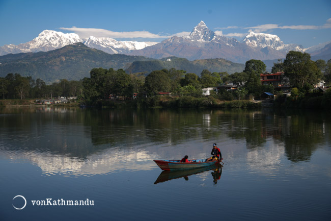 Boating on the reflection of Annapurnas on Phewa Lake