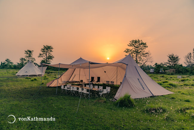 Sunrise behind  dining tent in Burhan