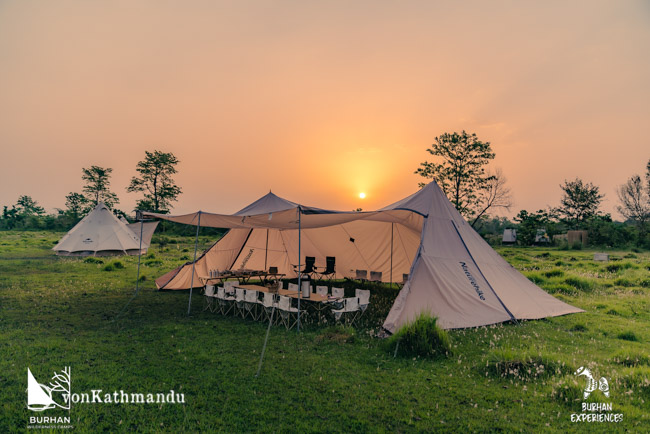 Sunrise behind  dining tent in Burhan