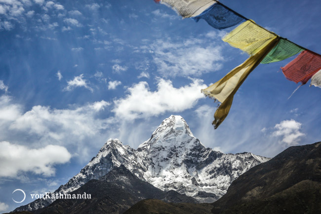 Ama Dablam mountain in her postcard shape, seen from Pangboche