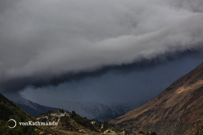 Ominous snow clouds over Lho village