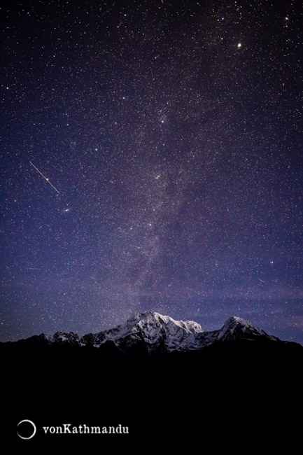 Night skies over Annapurna South and Hiuchuli seen from Mardi High Camp