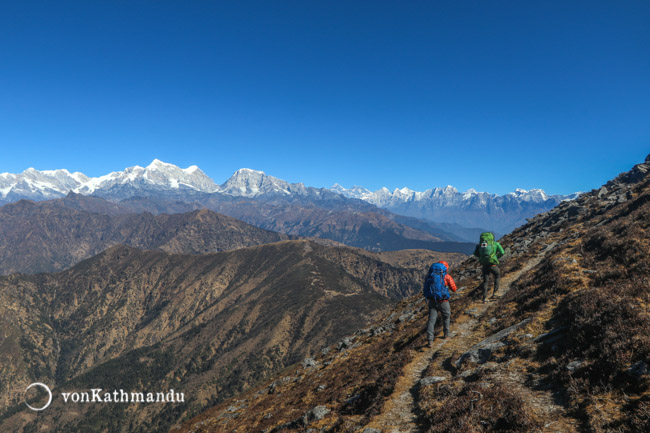 Numbur mountain appears huge in the horizon of Khumbu mountains