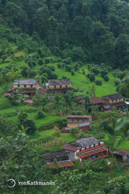 Traditional houses amidst greenery of Pokhara valley outskirts