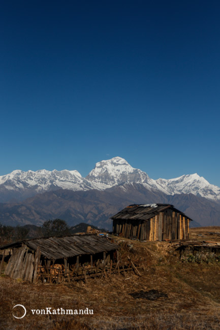 A tiny hut in the mountains with great views of Dhaulagiri mountain