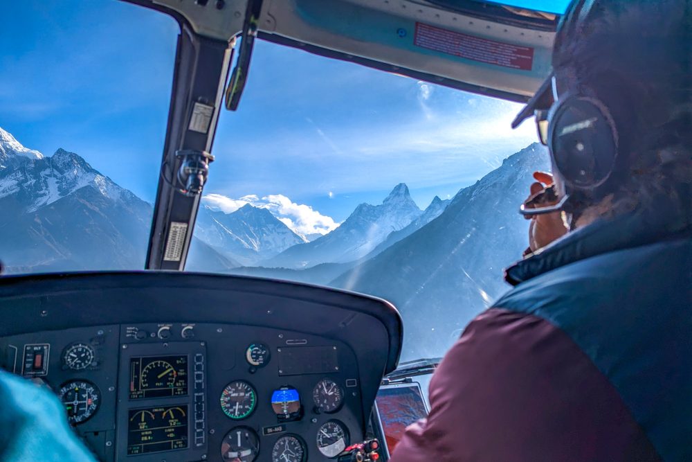 Khumbu mountain range shows up as we approach Namche Bazaar